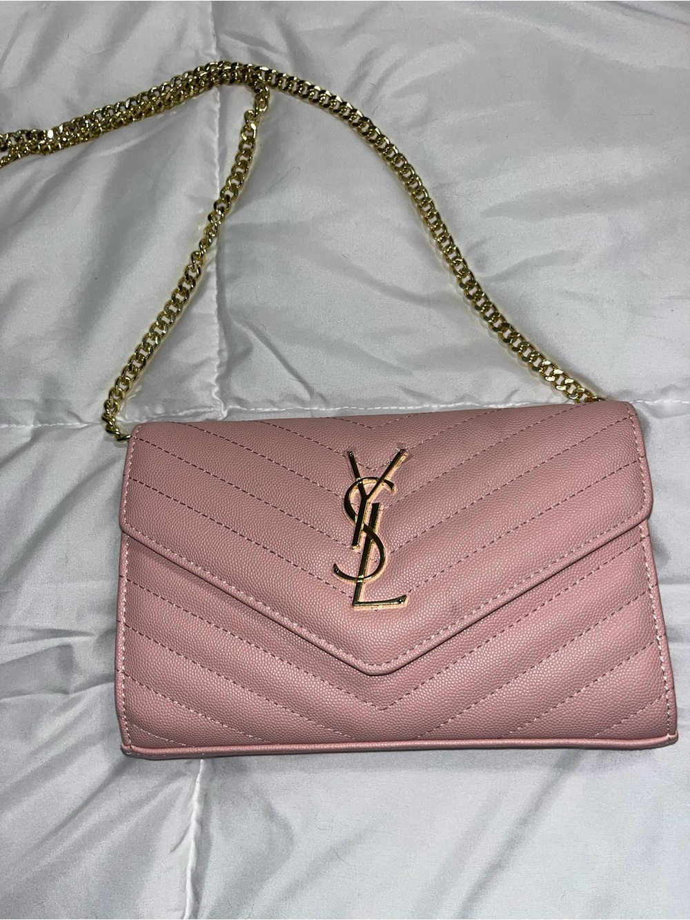 Pink Quilted Chain Crossbody with Gold Logo